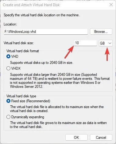 Virtual hard disk size tab