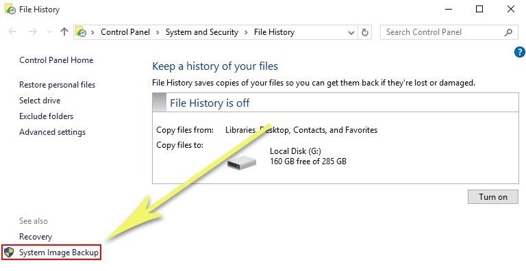 system image backup option in windows 10