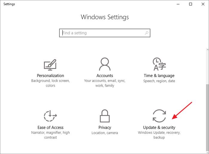 update and security option in Windows settings