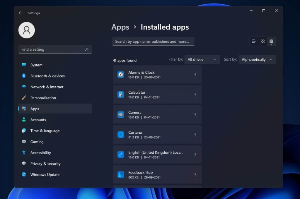 apps and features option in Windows 11