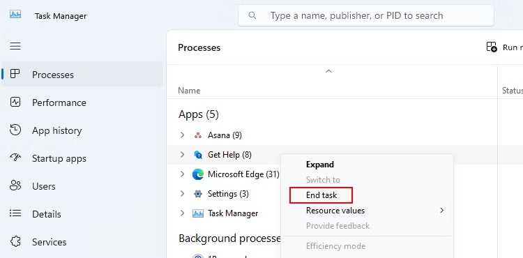 end task option in windows security screen