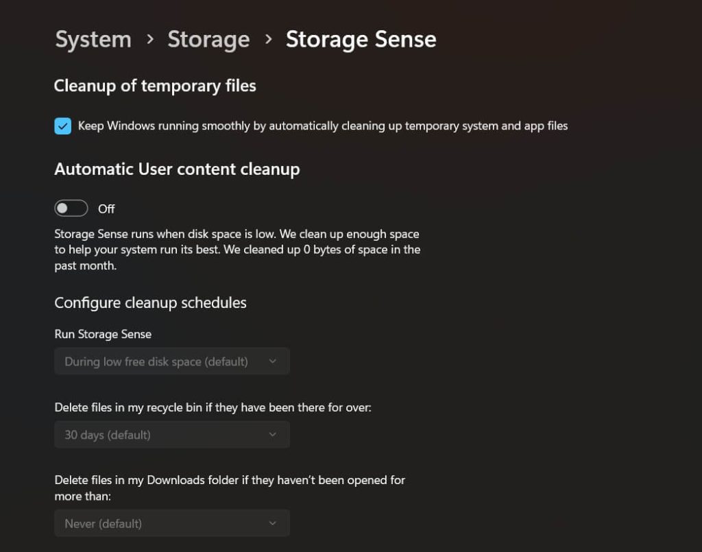 windows storage sense configuration