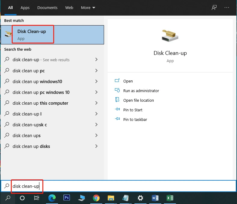 open disk cleanup from start button