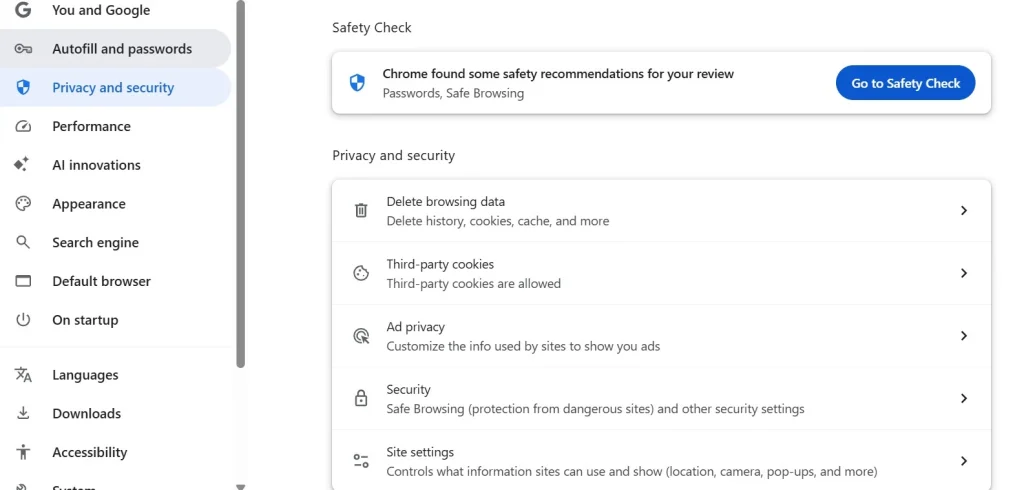 visit privacy and security and then delete browsing history
