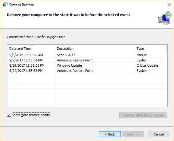pick a restore point system restore