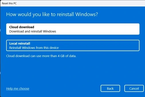 cloud or local reinstall choose option