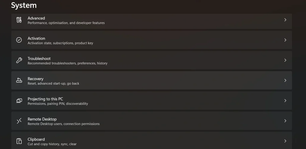 open settings recovery