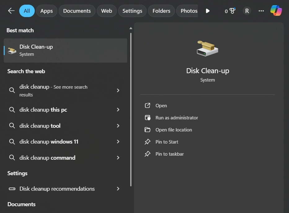 search disk cleanup tool