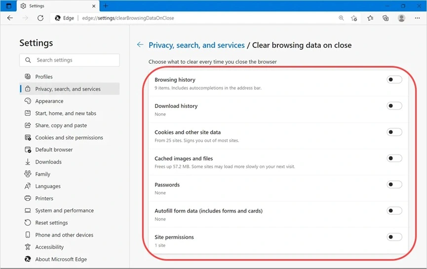 Microsoft Edge privacy search services