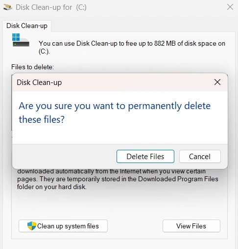 disk cleanup delete files confirm action