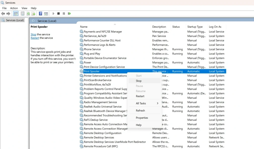 stop the printer spooler service 