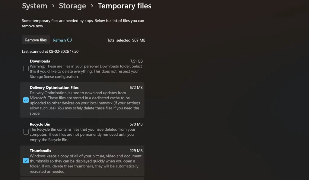 clear temp files cache memory via settings windows pc