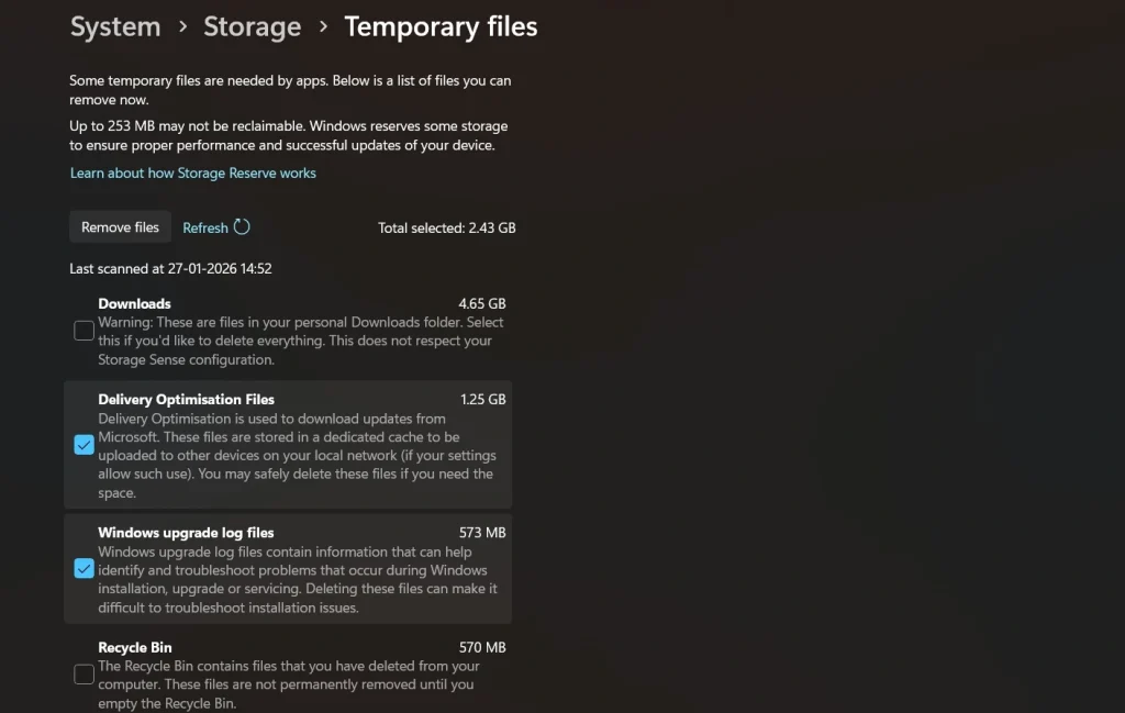 delete temporary system files windows 11 settings