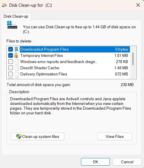 run disk cleanup tool to clean cache memory