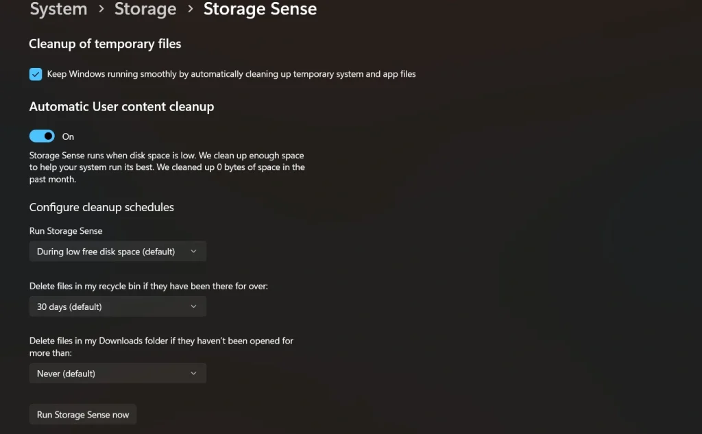 use storage sense tool windows 11 settings