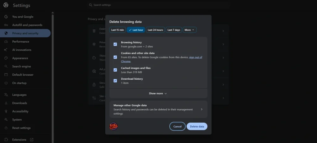 clear cache and cookies on chrome
