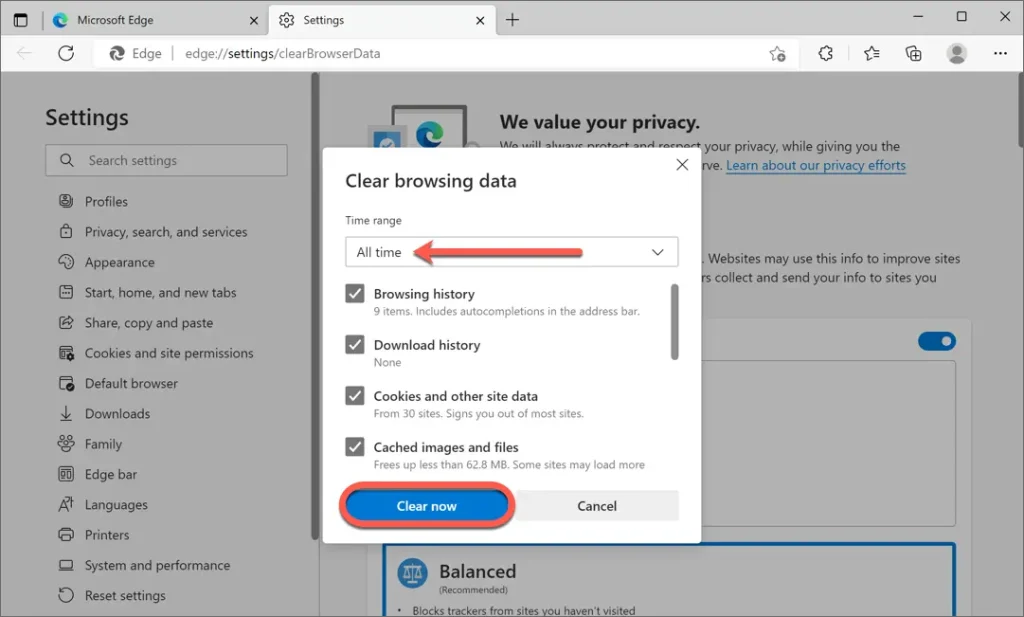  clear cache and cookies on edge