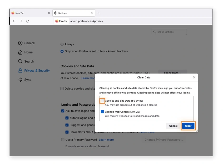 clear cache and cookies on firefox