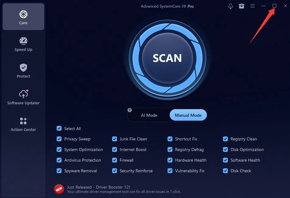 Advanced System Care click scan button