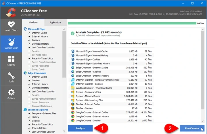 CCleaner custom clean option