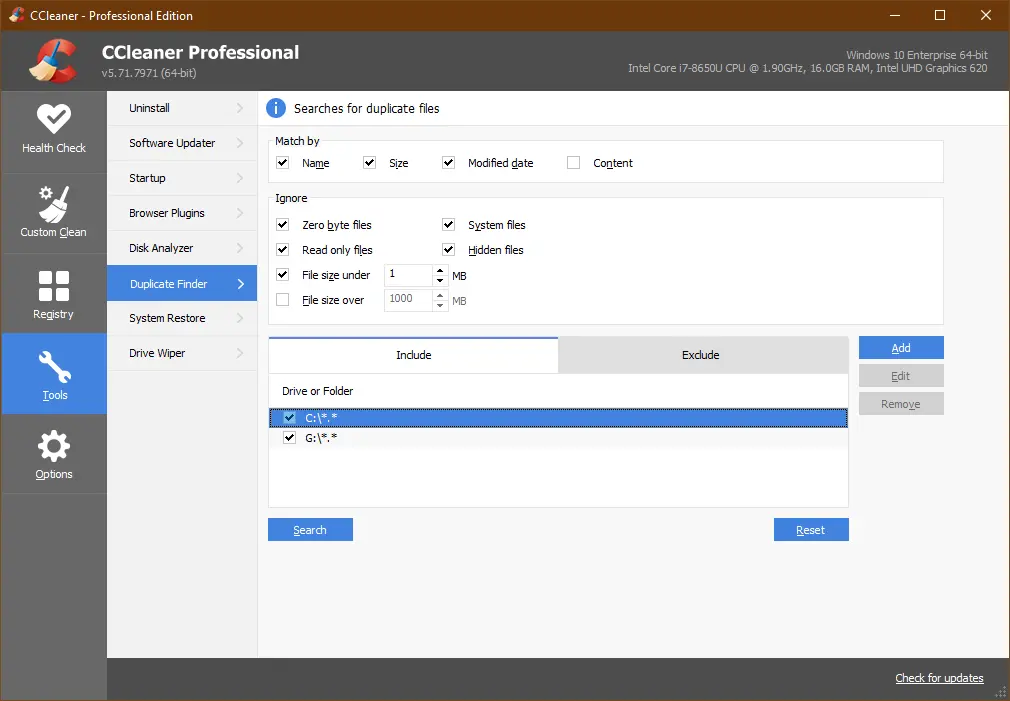 CCleaner duplicate file finder