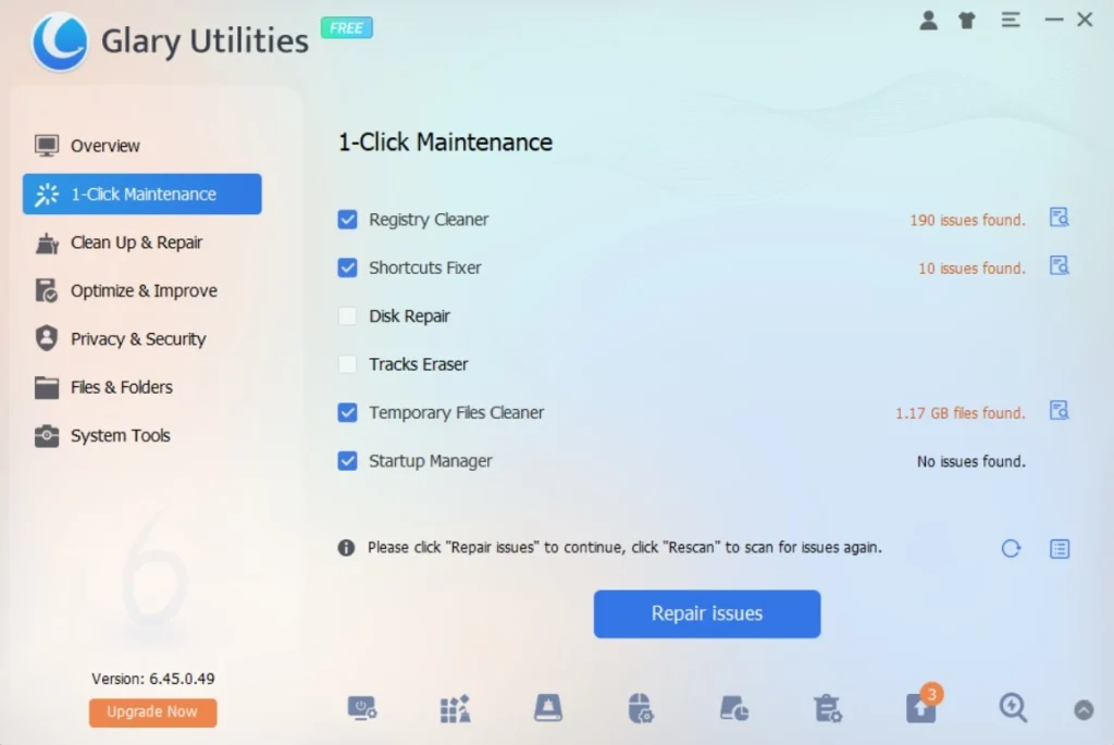 glary utilities pc cleaner repair issues