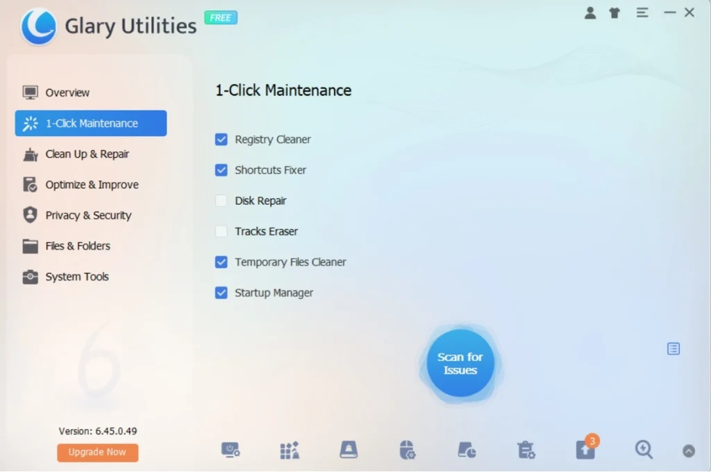 glary utilities scan for issues button