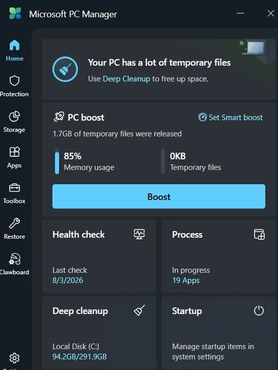 microsoft pc manager click boost button