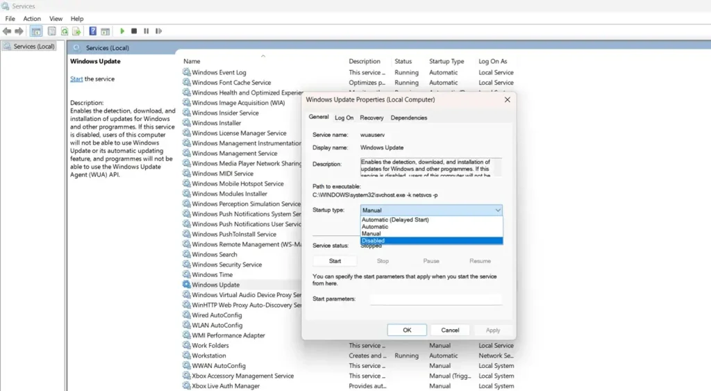 stop windows update service