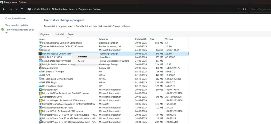 uninstall programs control panel