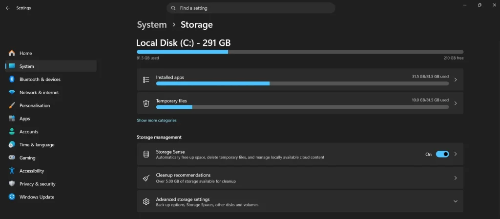 open windows storage sense