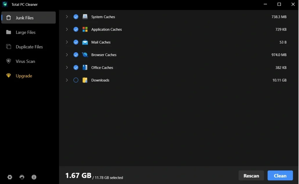 total pc cleaner clean selected files