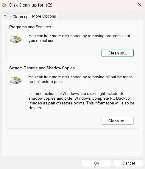 windows disk cleanup more options tab