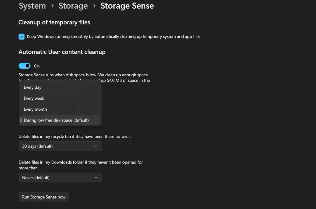 windows storage sense choose option