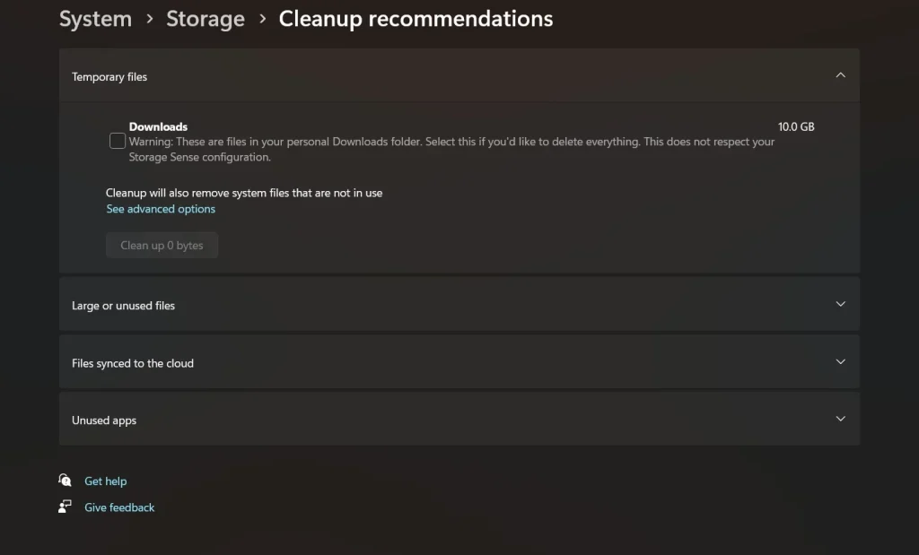windows storage sense cleanup recommendations