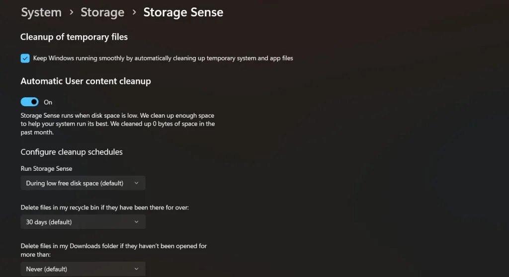windows storage sense cleanup schedule